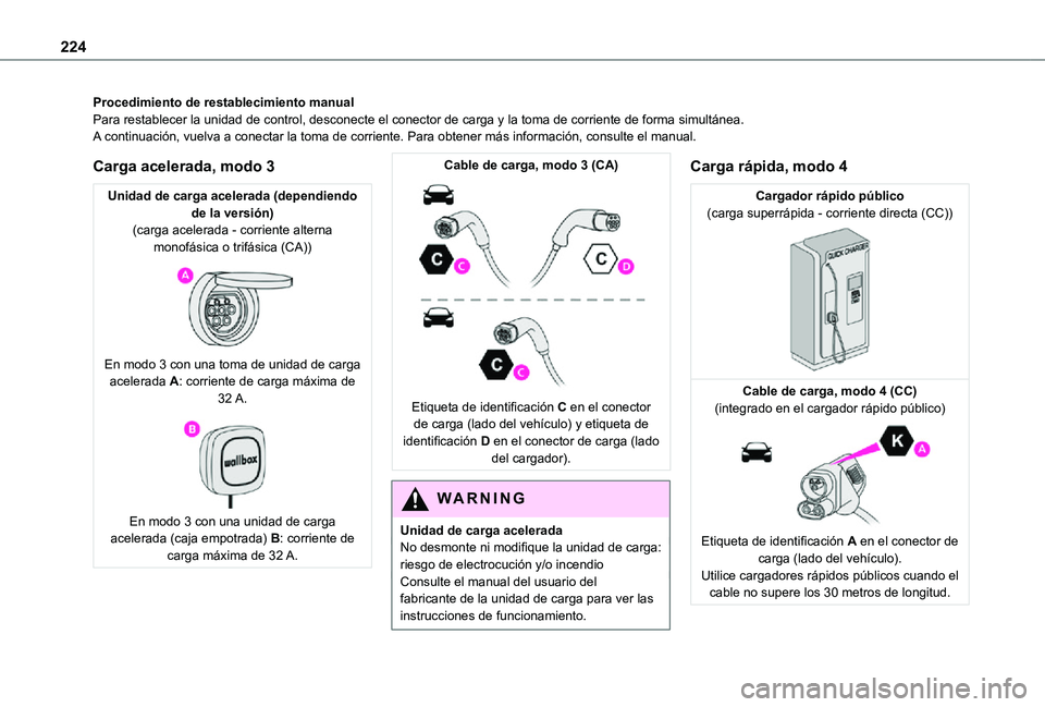 TOYOTA PROACE EV 2021 Manuale de Empleo (in Spanish) 224
Procedimiento de restablecimiento manualPara restablecer la unidad de control, desconecte el conector de carga y\
la toma de corriente de forma simultánea.A continuación, vuelva a conectar la t TOYOTA PROACE EV 2021 Manuale de Empleo (in Spanish) 224
Procedimiento de restablecimiento manualPara restablecer la unidad de control, desconecte el conector de carga y\
la toma de corriente de forma simultánea.A continuación, vuelva a conectar la t