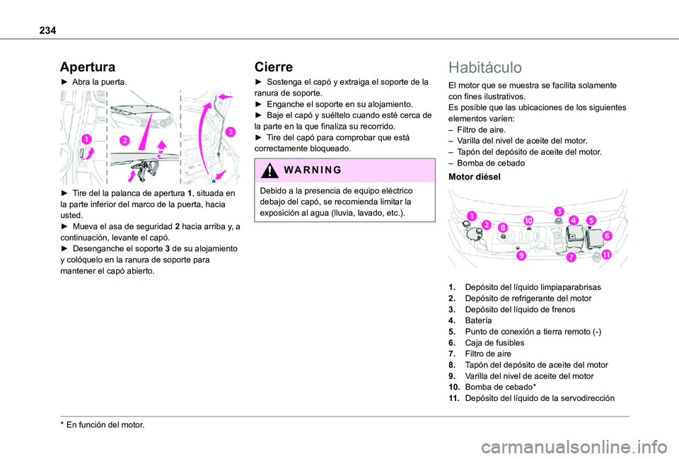TOYOTA PROACE EV 2021 Manuale de Empleo (in Spanish) 234
Apertura
► Abra la puerta.
► Tire del la palanca de apertura 1, situada en la parte inferior del marco de la puerta, hacia usted.► Mueva el asa de seguridad 2 hacia arriba y, a continua TOYOTA PROACE EV 2021 Manuale de Empleo (in Spanish) 234
Apertura
► Abra la puerta.
► Tire del la palanca de apertura 1, situada en la parte inferior del marco de la puerta, hacia usted.► Mueva el asa de seguridad 2 hacia arriba y, a continua
