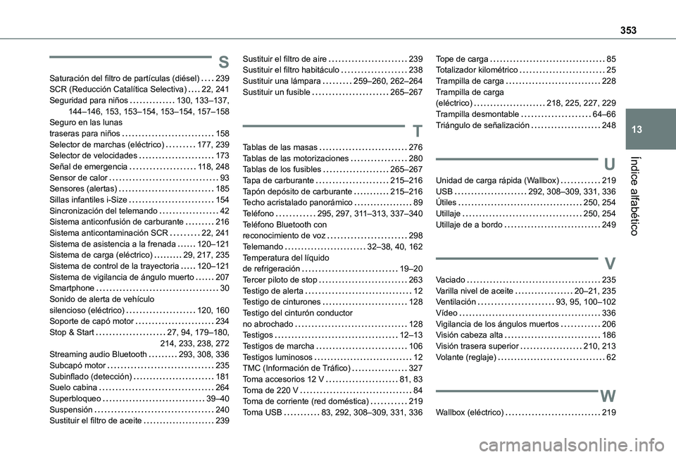 TOYOTA PROACE EV 2021  Manuale de Empleo (in Spanish) 353
Índice alfabético
13
S
Saturación del filtro de partículas (diésel)   239SCR (Reducción Catalítica Selectiva)   22, 241Seguridad para niños   130, 133–137,  144–146, 153, 153–154, 15