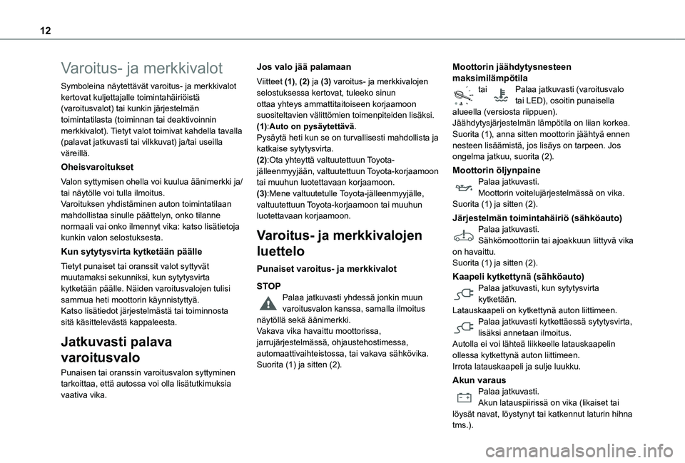 TOYOTA PROACE EV 2021  Omistajan Käsikirja (in Finnish) 12
Varoitus- ja merkkivalot
Symboleina näytettävät varoitus- ja merkkivalot kertovat kuljettajalle toimintahäiriöistä (varoitusvalot) tai kunkin järjestelmän toimintatilasta (toiminnan tai dea