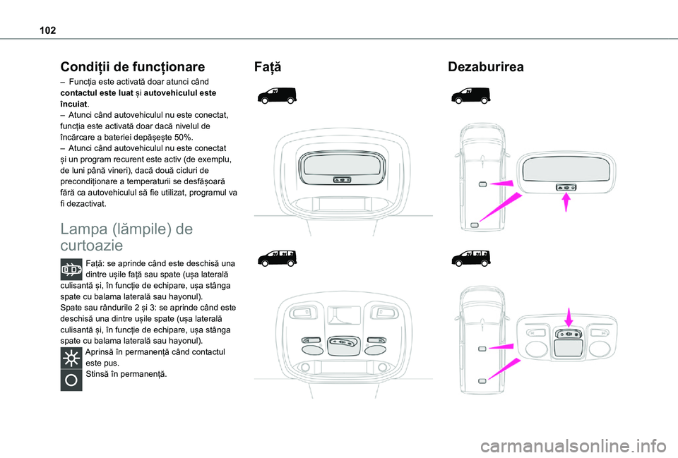 TOYOTA PROACE EV 2021  Manual de utilizare (in Romanian) 102
Condiții de funcționare
– Funcția este activată doar atunci când contactul este luat și autovehiculul este încuiat.– Atunci când autovehiculul nu este conectat, funcția este activată