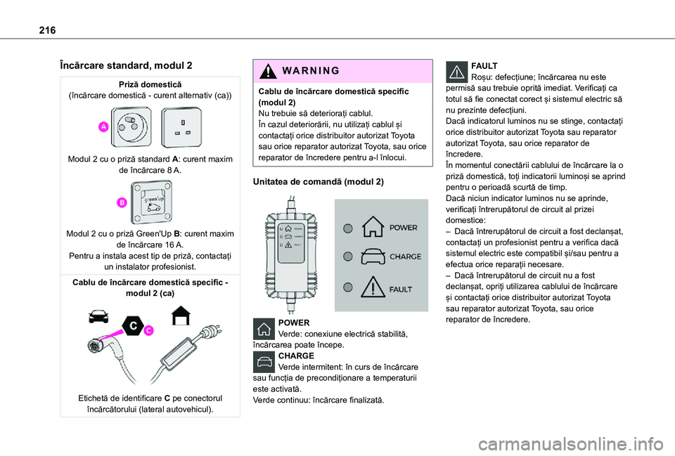 TOYOTA PROACE EV 2021  Manual de utilizare (in Romanian) 216
Încărcare standard, modul 2
Priză domestică(încărcare domestică - curent alternativ (ca)) 
 
Modul 2 cu o priză standard A: curent maxim de încărcare 8 A. 
 
Modul 2 cu o priză Green