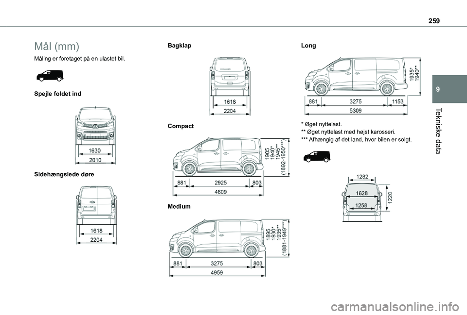 TOYOTA PROACE EV 2021  Brugsanvisning (in Danish) 259
Tekniske data
9
Mål (mm)
Måling er foretaget på en ulastet bil. 
 
Spejle foldet ind 
 
Sidehængslede døre 
 
Bagklap 
 
Compact 
 
Medium 
 
Long 
 
* Øget nyttelast.** Øget nyttelast med 