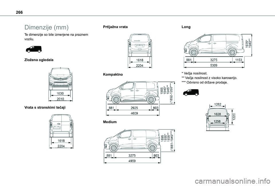 TOYOTA PROACE EV 2021  Navodila Za Uporabo (in Slovenian) 266
Dimenzije (mm)
Te dimenzije so bile izmerjene na praznem vozilu. 
 
Zložena ogledala 
 
Vrata s stranskimi tečaji 
 
Prtljažna vrata 
 
Kompaktno 
 
Medium 
 
Long 
 
* Večja nosilnost.** Več