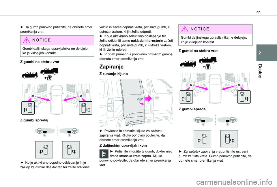 TOYOTA PROACE EV 2021 Navodila Za Uporabo (in Slovenian) 41
Dostop
2
► Ta gumb ponovno pritisnite, da obrnete smer premikanja vrat.
NOTIC E
Gumbi daljinskega upravljalnika ne delujejo, ko je vklopljen kontakt.
Z gumbi na stebru vrat
Z gumbi spredaj TOYOTA PROACE EV 2021 Navodila Za Uporabo (in Slovenian) 41
Dostop
2
► Ta gumb ponovno pritisnite, da obrnete smer premikanja vrat.
NOTIC E
Gumbi daljinskega upravljalnika ne delujejo, ko je vklopljen kontakt.
Z gumbi na stebru vrat
Z gumbi spredaj