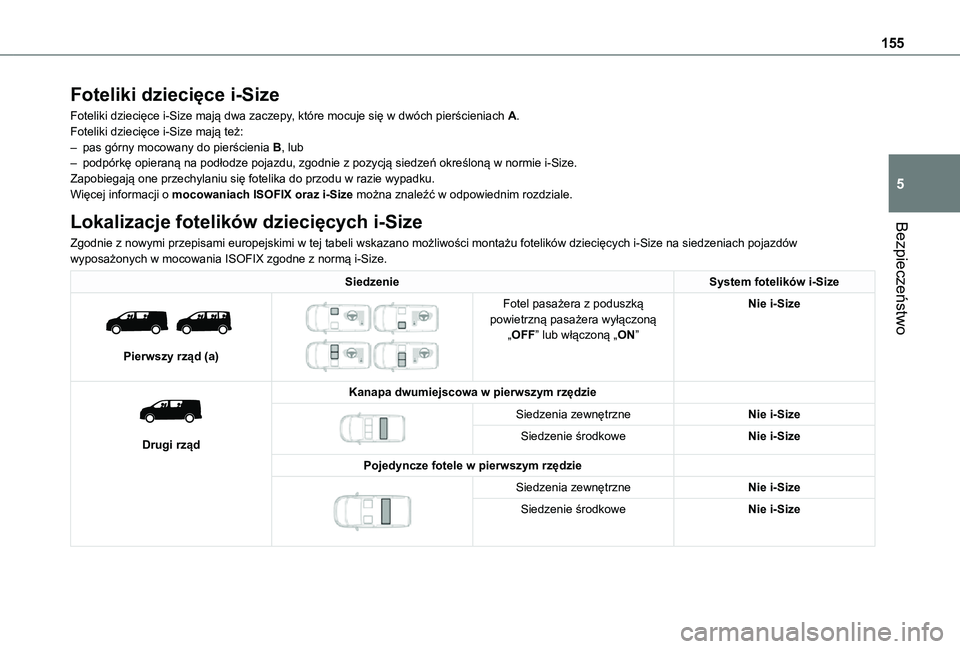 TOYOTA PROACE EV 2021  Instrukcja obsługi (in Polish) 155
Bezpieczeństwo
5
Foteliki dziecięce i-Size
Foteliki dziecięce i-Size mają dwa zaczepy, które mocuje się w dwóch pierścieniach A.Foteliki dziecięce i-Size mają też:– pas górny mocowan