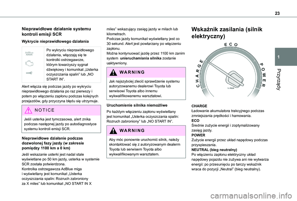 TOYOTA PROACE EV 2021  Instrukcja obsługi (in Polish) 23
Przyrządy
1
Nieprawidłowe działanie systemu 
kontroli emisji SCR
Wykrycie nieprawidłowego działania
 
 
Po wykryciu nieprawidłowego działania, włączają się te kontrolki ostrzegawcze, kt