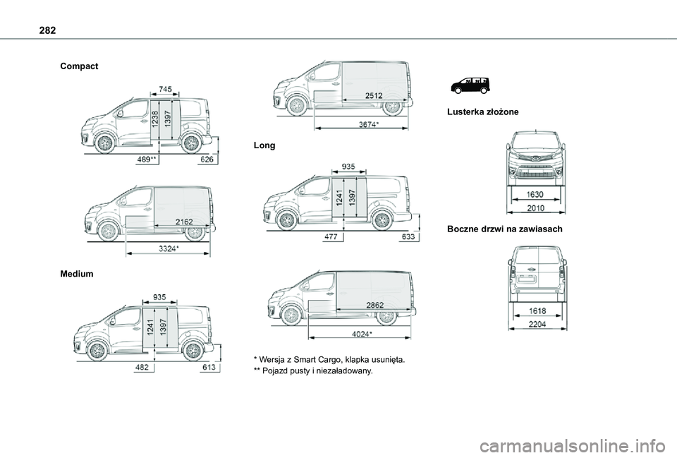 TOYOTA PROACE EV 2021  Instrukcja obsługi (in Polish) 282
Compact 
  
 
Medium 
  
 
Long 
  
 
* Wersja z Smart Cargo, klapka usunięta.** Pojazd pusty i niezaładowany.
 
 
Lusterka złożone 
 
Boczne drzwi na zawiasach 
   