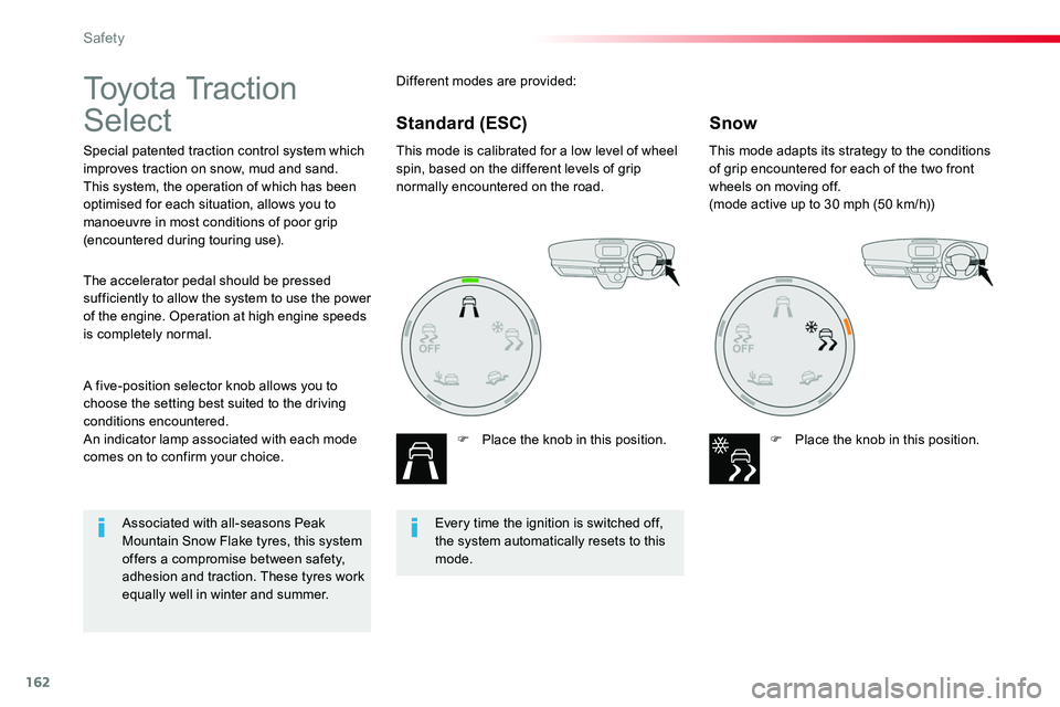 TOYOTA PROACE VERSO 2018  Owners Manual 162
To y o t a  Tr a c t i o n  
Select
Special patented traction control system which improves traction on snow, mud and sand.This system, the operation of which has been optimised for each situation