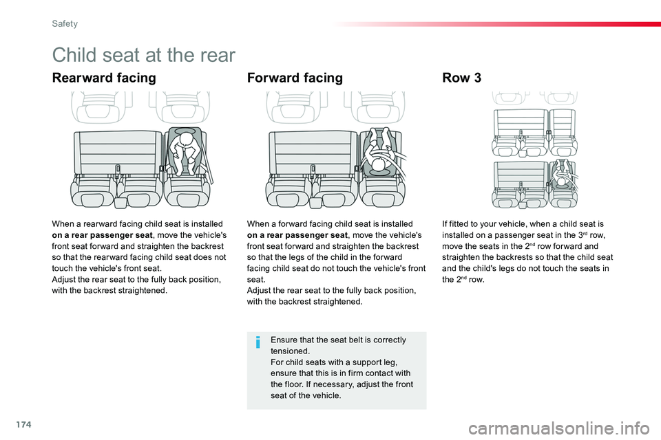 TOYOTA PROACE VERSO 2018  Owners Manual 174
Child seat at the rear
Rearward facing
When a rear ward facing child seat is installed on a rear passenger seat, move the vehicle's front seat for ward and straighten the backrest so that the 