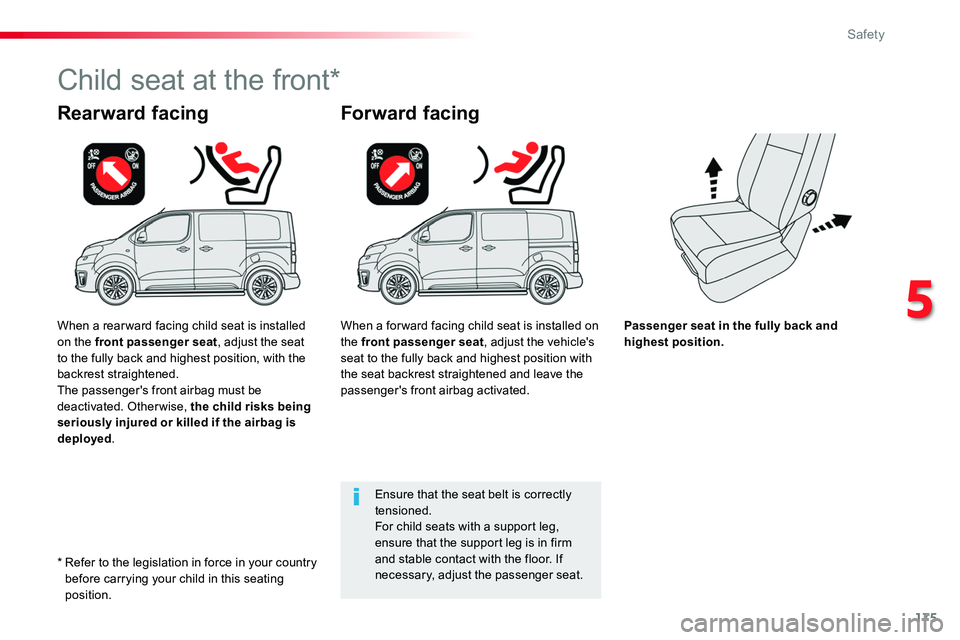 TOYOTA PROACE VERSO 2018  Owners Manual 175
Passenger seat in the fully back and highest position.
Rearward facing
Child seat at the front*
Forward facing
Ensure that the seat belt is correctly tensioned.For child seats with a support leg, 