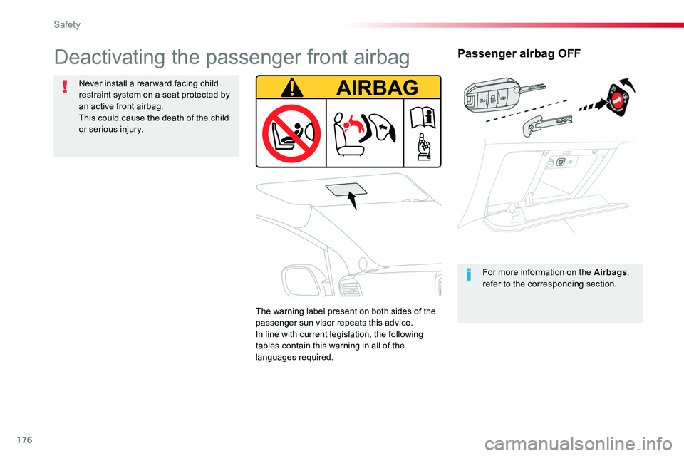 TOYOTA PROACE VERSO 2018  Owners Manual 176
Passenger airbag OFF
For more information on the Airbags, refer to the corresponding section.
Deactivating the passenger front airbag
Never install a rear ward facing child restraint system on a s