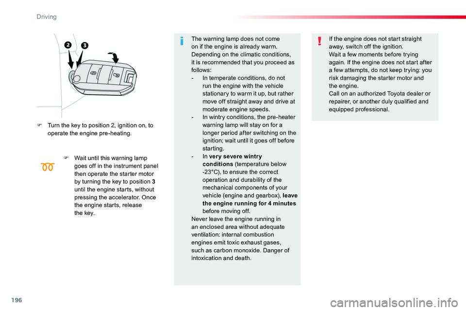 TOYOTA PROACE VERSO 2018  Owners Manual 196
F Turn the key to position 2, ignition on, to operate the engine pre-heating.
F Wait until this warning lamp goes off in the instrument panel then operate the starter motor by turning the key to p