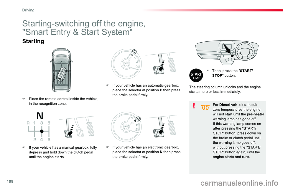 TOYOTA PROACE VERSO 2018  Owners Manual 198
For Diesel vehicles, in sub-zero temperatures the engine will not start until the pre-heater warning lamp has gone off.If this warning lamp comes on after pressing the "START/STOP" button,