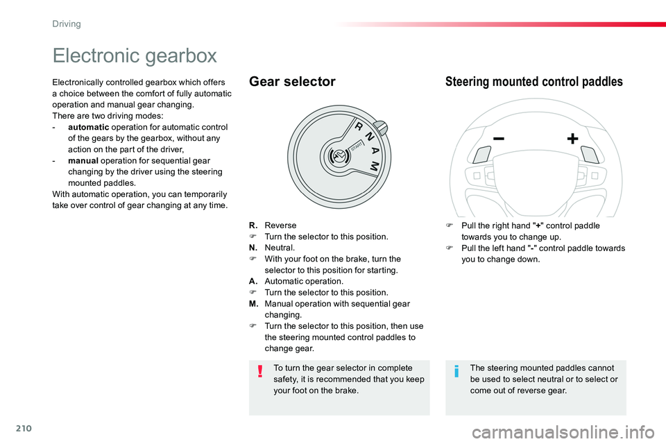 TOYOTA PROACE VERSO 2018  Owners Manual 210
Electronic gearbox
R. ReverseF  Turn the selector to this position.N. Neutral.F  With your foot on the brake, turn the selector to this position for starting.A. Automatic operation.F  Turn the sel