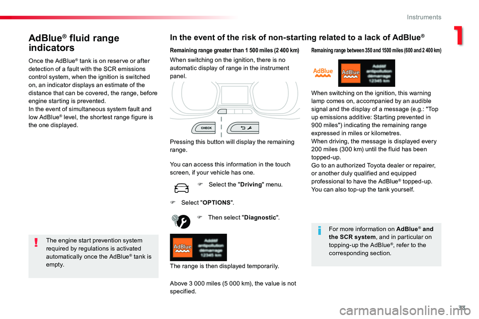 TOYOTA PROACE VERSO 2018  Owners Manual 33
AdBlue® fluid range 
indicators
Once the AdBlue® tank is on reserve or after detection of a fault with the SCR emissions control system, when the ignition is switched on, an indicator displays an