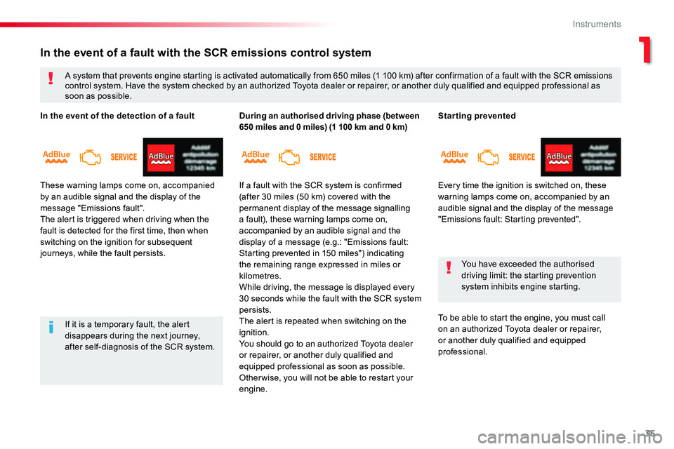 TOYOTA PROACE VERSO 2018  Owners Manual 35
Starting prevented
Every time the ignition is switched on, these warning lamps come on, accompanied by an audible signal and the display of the message "Emissions fault: Starting prevented"