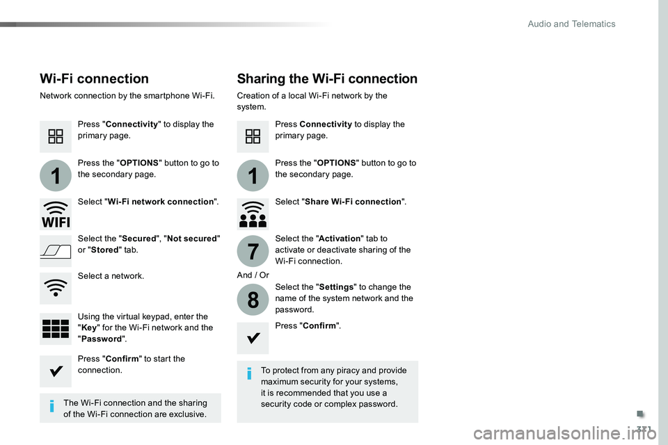 TOYOTA PROACE VERSO 2018  Owners Manual 371
11
7
8
Wi-Fi connectionSharing the Wi-Fi connection
To protect from any piracy and provide maximum security for your systems, it is recommended that you use a security code or complex password.The