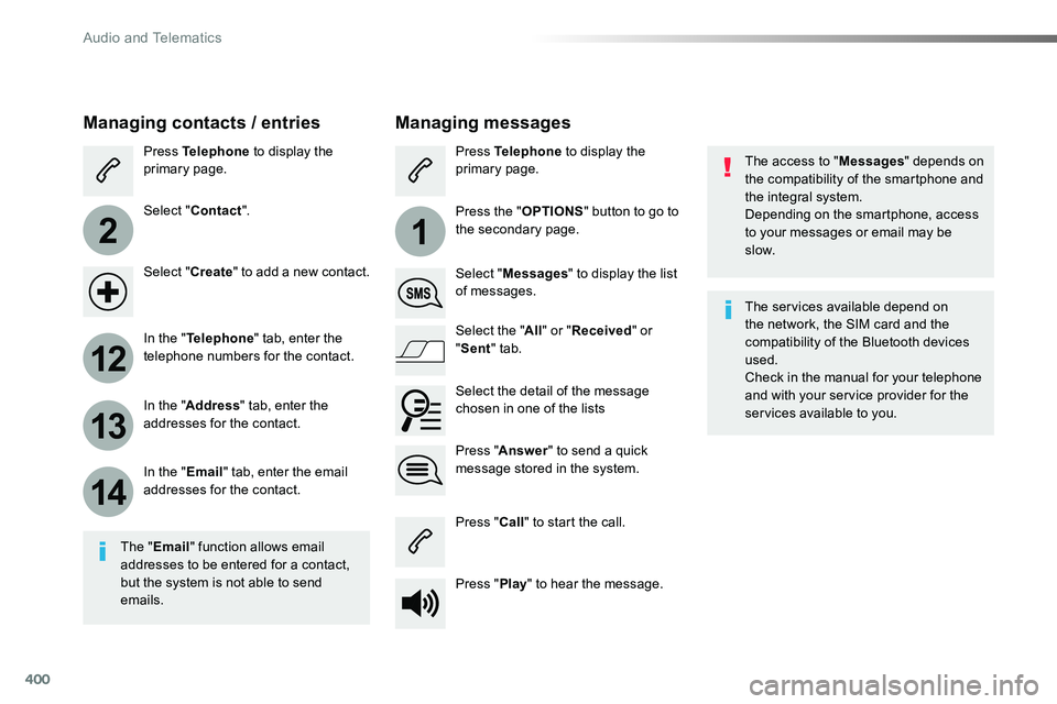 TOYOTA PROACE VERSO 2018 Owners Manual 400
2
12
13
14
1
The access to "Messages" depends on the compatibility of the smartphone and the integral system.Depending on the smartphone, access to your messages or email may be
slow.
Man TOYOTA PROACE VERSO 2018 Owners Manual 400
2
12
13
14
1
The access to "Messages" depends on the compatibility of the smartphone and the integral system.Depending on the smartphone, access to your messages or email may be
slow.
Man