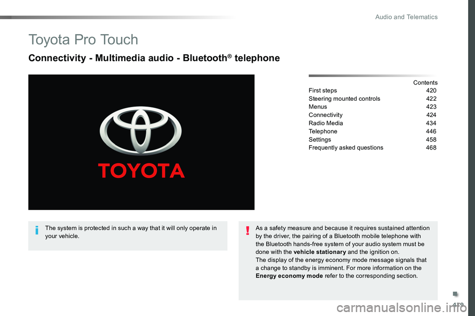 TOYOTA PROACE VERSO 2018  Owners Manual 419
To y o t a  P r o  To u c h
Connectivity - Multimedia audio - Bluetooth® telephone
ContentsFirst steps 420
Steering mounted controls 422
Menus  423
Connectivity  424
Radio Media  434
Telephone  4