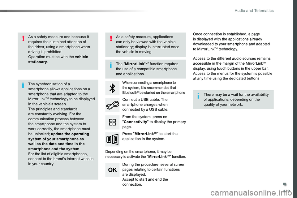 TOYOTA PROACE VERSO 2018 Owners Manual 429
As a safety measure and because it requires the sustained attention of the driver, using a smartphone when driving is prohibited.Operation must be with the vehicle stationary.
The synchronisation TOYOTA PROACE VERSO 2018 Owners Manual 429
As a safety measure and because it requires the sustained attention of the driver, using a smartphone when driving is prohibited.Operation must be with the vehicle stationary.
The synchronisation