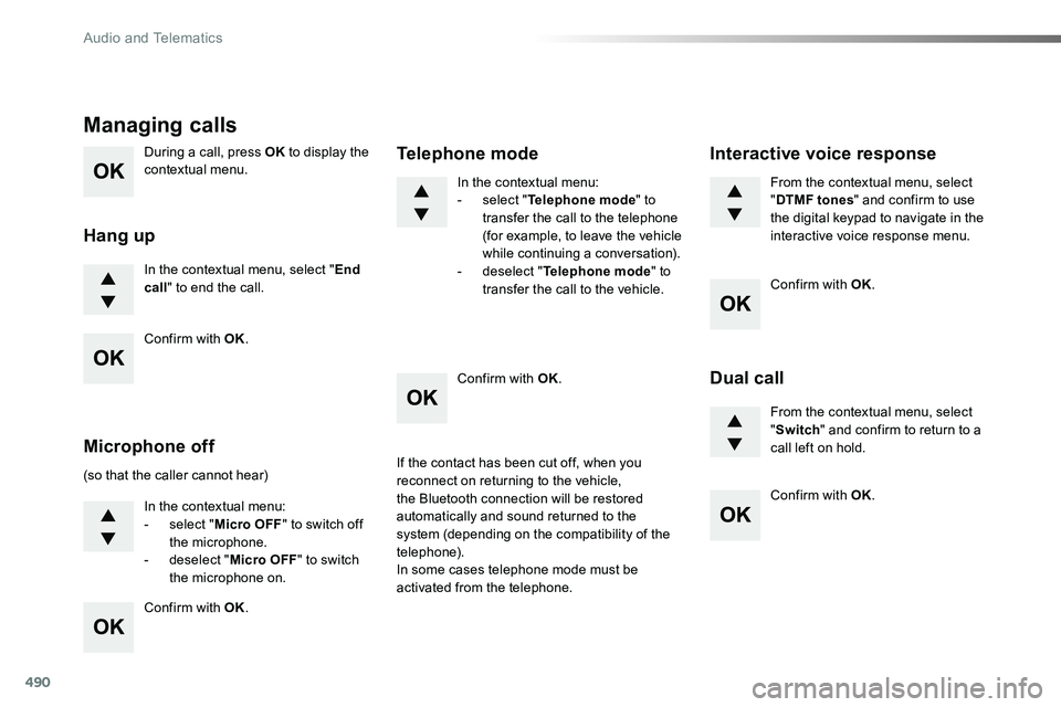 TOYOTA PROACE VERSO 2018  Owners Manual 490
During a call, press OK to display the contextual menu.
In the contextual menu, select "End call" to end the call.
Managing calls
Hang up
(so that the caller cannot hear)
In the contextual