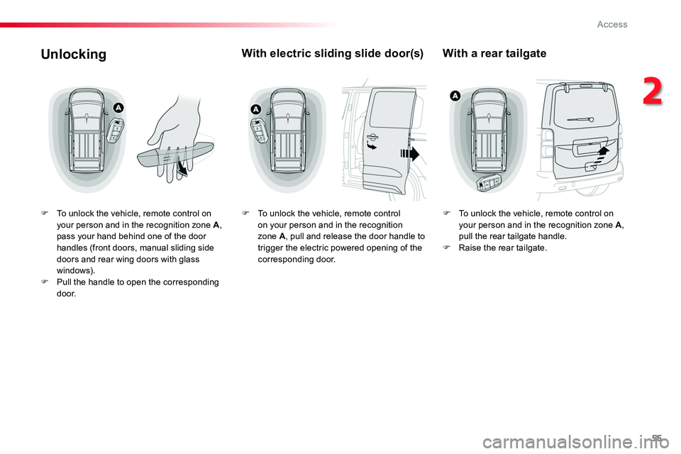 TOYOTA PROACE VERSO 2018  Owners Manual 55
Unlocking
F To unlock the vehicle, remote control on your person and in the recognition zone A, pass your hand behind one of the door handles (front doors, manual sliding side doors and rear wing d