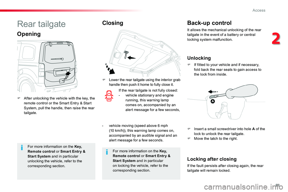 TOYOTA PROACE VERSO 2018  Owners Manual 81
For more information on the Key, Remote control or Smar t Entr y & Start System and in particular unlocking the vehicle, refer to the corresponding section.
For more information on the Key, Remote 
