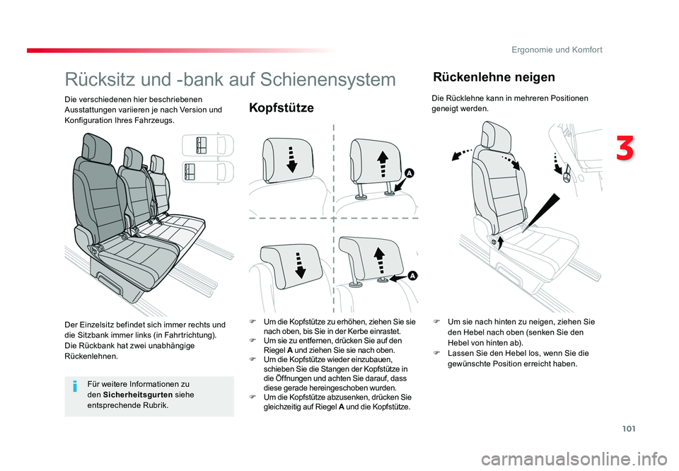 TOYOTA PROACE VERSO 2018 Betriebsanleitungen (in German) 101
3
Ergonomie und Komfort
Proace_Verso_de_Chap03_ergonomie-et-confort_ed01-2016
Kopfstütze
F Um die Kopfstütze zu erhöhen, ziehen Sie sie
nach oben, bis Sie in der Kerbe einrastet.
F Um sie zu TOYOTA PROACE VERSO 2018 Betriebsanleitungen (in German) 101
3
Ergonomie und Komfort
Proace_Verso_de_Chap03_ergonomie-et-confort_ed01-2016
Kopfstütze
F Um die Kopfstütze zu erhöhen, ziehen Sie sie
nach oben, bis Sie in der Kerbe einrastet.
F Um sie zu