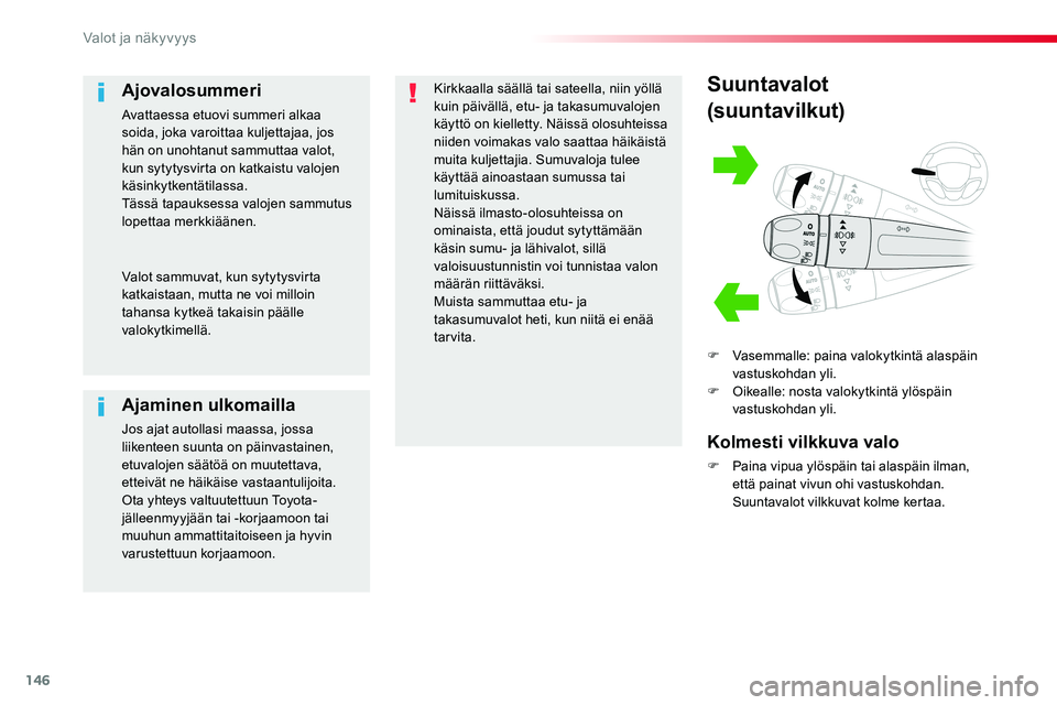 TOYOTA PROACE VERSO 2018  Omistajan Käsikirja (in Finnish) 146
ProaceVerso_fi_Chap04_eclairage-et-visibilite_ed01-2016
Suuntavalot
(suuntavilkut)
F Vasemmalle: paina valokytkintä alaspäin vastuskohdan yli.F Oikealle: nosta valokytkintä ylöspäin vastuskoh