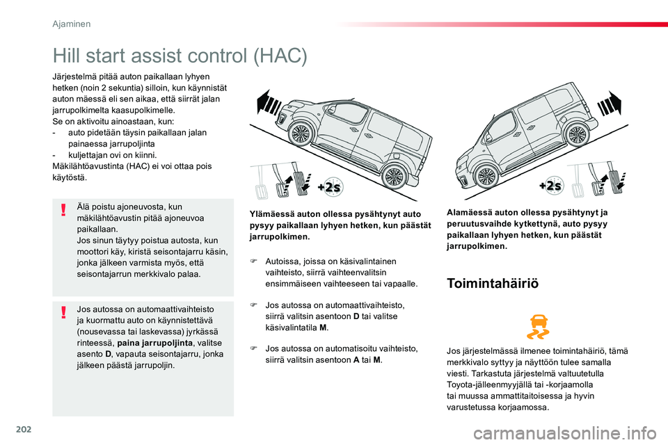 TOYOTA PROACE VERSO 2018  Omistajan Käsikirja (in Finnish) 202
ProaceVerso_fi_Chap06_conduite_ed01-2016
Hill start assist control (HAC)
Järjestelmä pitää auton paikallaan lyhyen hetken (noin 2 sekuntia) silloin, kun käynnistät auton mäessä eli sen aik