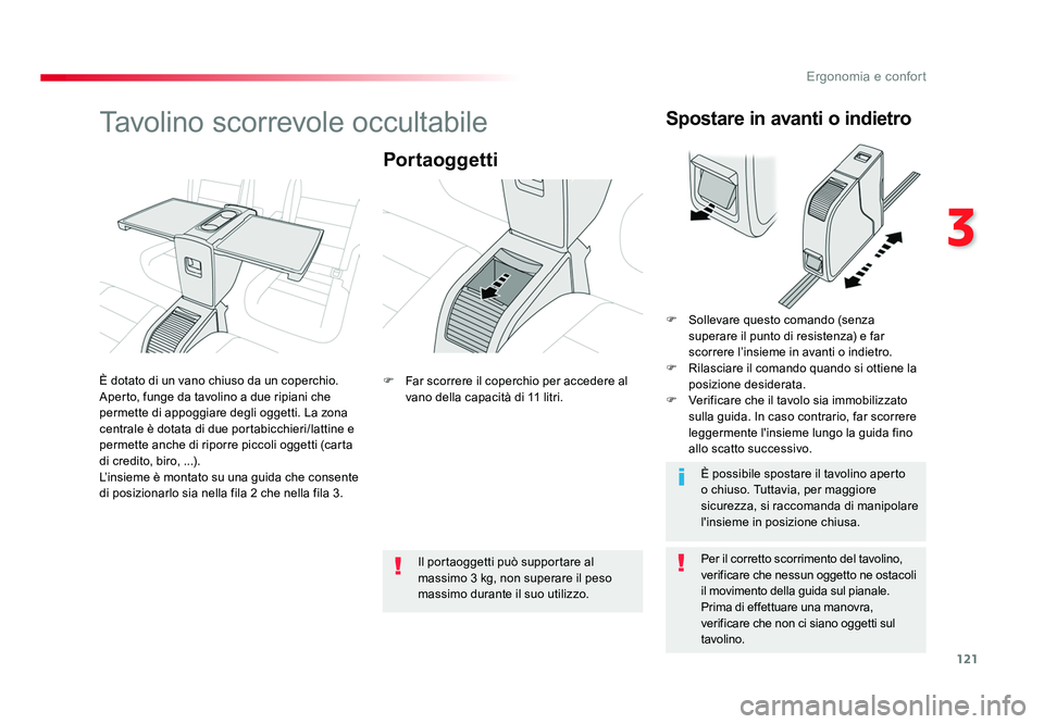 TOYOTA PROACE VERSO 2018 Manuale duso (in Italian) 121
3
Ergonomia e confort
Spacetourer-VP_it_Chap03_ergonomie-et-confort_ed01-2016
Tavolino scorrevole occultabile
Portaoggetti
Per il corretto scorrimento del tavolino,
verificare che nessun oggetto TOYOTA PROACE VERSO 2018 Manuale duso (in Italian) 121
3
Ergonomia e confort
Spacetourer-VP_it_Chap03_ergonomie-et-confort_ed01-2016
Tavolino scorrevole occultabile
Portaoggetti
Per il corretto scorrimento del tavolino,
verificare che nessun oggetto