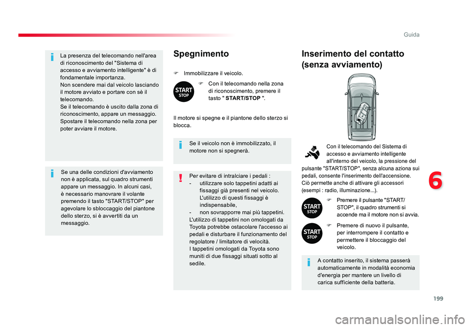 TOYOTA PROACE VERSO 2018 Manuale duso (in Italian) 199
6
Guida
Spacetourer-VP_it_Chap06_conduite_ed01-2016
La presenza del telecomando nell'area
di riconoscimento del "Sistema di
accesso e avviamento intelligente" è di
fondamentale imp TOYOTA PROACE VERSO 2018 Manuale duso (in Italian) 199
6
Guida
Spacetourer-VP_it_Chap06_conduite_ed01-2016
La presenza del telecomando nell'area
di riconoscimento del "Sistema di
accesso e avviamento intelligente" è di
fondamentale imp