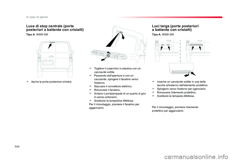 TOYOTA PROACE VERSO 2018  Manuale duso (in Italian) 306
In caso di panne
Spacetourer-VP_it_Chap08_En-cas-de-panne_ed01-2016
Luci targa (porte posteriori  
a battente con cristalli)
Tipo A, W5W-5W
F  Togliere il coperchio in plastica con un  cacciavite 