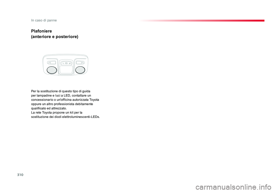 TOYOTA PROACE VERSO 2018  Manuale duso (in Italian) 310
In caso di panne
Spacetourer-VP_it_Chap08_En-cas-de-panne_ed01-2016
Plafoniere
(anteriore e posteriore)
Per la sostituzione di questo tipo di guida 
per lampadine e luci a LED, contattare un 
conc