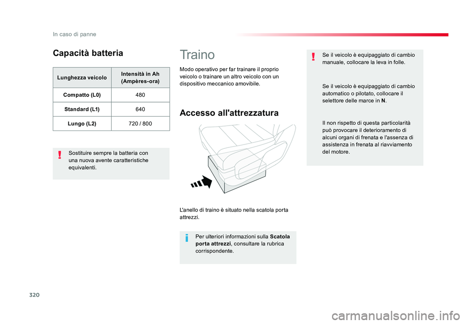 TOYOTA PROACE VERSO 2018  Manuale duso (in Italian) 320
In caso di panne
Spacetourer-VP_it_Chap08_En-cas-de-panne_ed01-2016
Capacità batteria
Lunghezza veicoloIntensità in Ah 
(Ampères-ora)
Compatto (L0) 480
Standard (L1) 640
Lungo (L2) 720 / 800
So