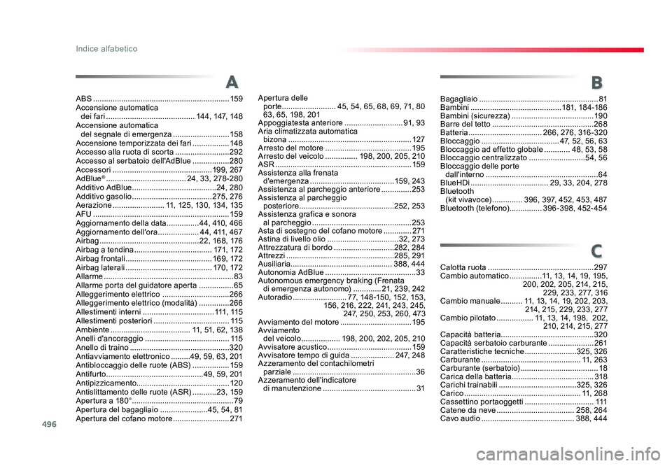 TOYOTA PROACE VERSO 2018  Manuale duso (in Italian) 496
Indice alfabetico
Spacetourer-VP_it_Chap11_index-alpha_ed01-2016
A
ABS ............................................................... 159
Accensione automatica   dei fari ........................