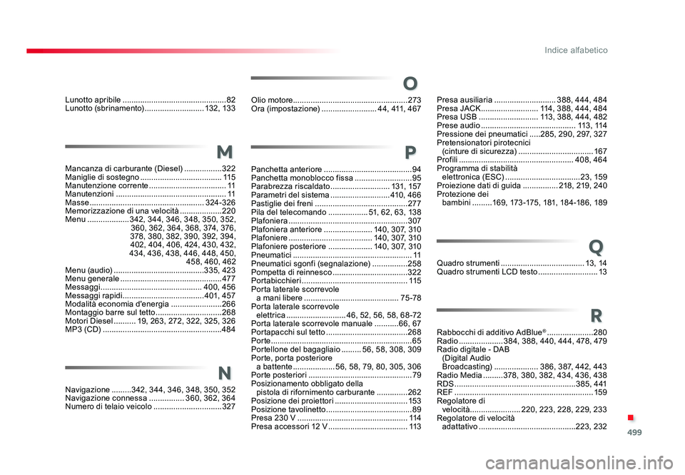 TOYOTA PROACE VERSO 2018 Manuale duso (in Italian) 499
.
Indice alfabetico
Spacetourer-VP_it_Chap11_index-alpha_ed01-2016
Lunotto apribile ............................................... 82
Lunotto (sbrinamento) ...........................132, 13 3
M TOYOTA PROACE VERSO 2018 Manuale duso (in Italian) 499
.
Indice alfabetico
Spacetourer-VP_it_Chap11_index-alpha_ed01-2016
Lunotto apribile ............................................... 82
Lunotto (sbrinamento) ...........................132, 13 3
M