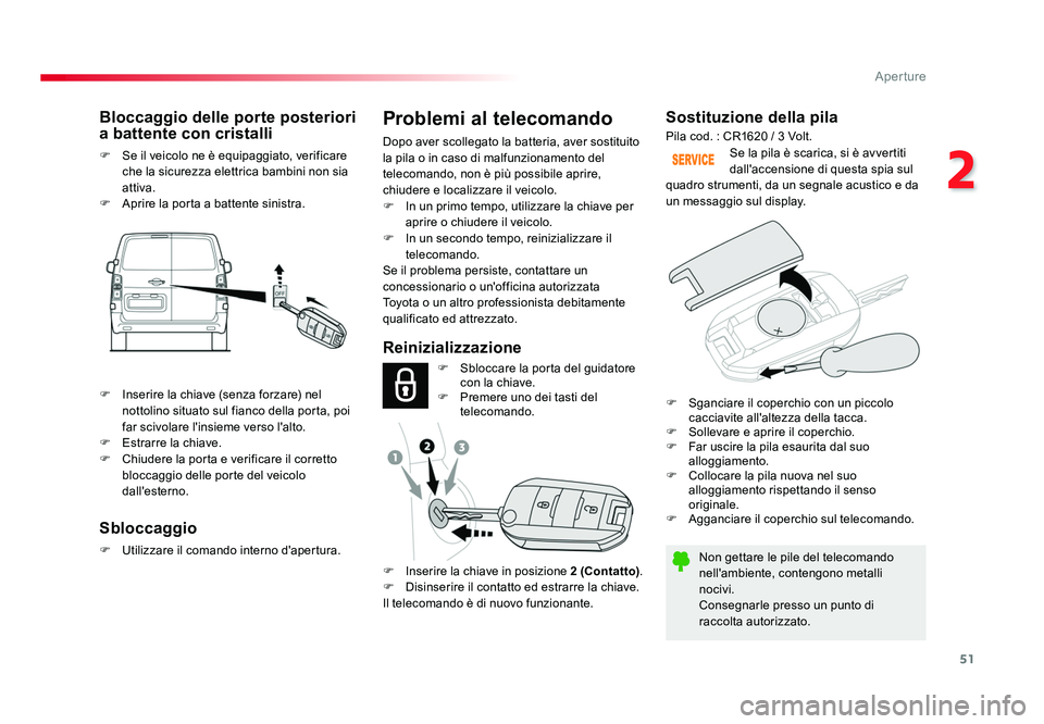 TOYOTA PROACE VERSO 2018 Manuale duso (in Italian) 51
2
Aperture
Spacetourer-VP_it_Chap02_ouvertures_ed01-2016
Sostituzione della pila
Non gettare le pile del telecomando
nell'ambiente, contengono metalli
nocivi.
Consegnarle presso un punto di
TOYOTA PROACE VERSO 2018 Manuale duso (in Italian) 51
2
Aperture
Spacetourer-VP_it_Chap02_ouvertures_ed01-2016
Sostituzione della pila
Non gettare le pile del telecomando
nell'ambiente, contengono metalli
nocivi.
Consegnarle presso un punto di