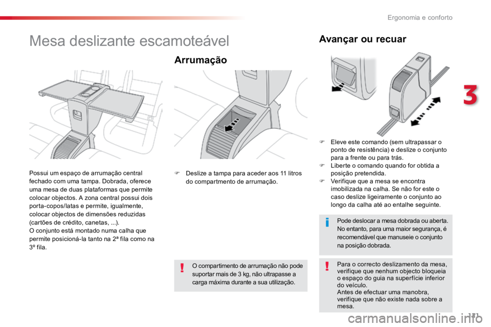 TOYOTA PROACE VERSO 2018 Manual de utilização (in Portuguese) 121
ProaceVerso_pt_Chap03_ergonomie-et-confort_ed01-2016
Mesa deslizante escamoteável
Arrumação
Para o correcto deslizamento da mesa,
verifique que nenhum objecto bloqueia
o espaço do guia na su TOYOTA PROACE VERSO 2018 Manual de utilização (in Portuguese) 121
ProaceVerso_pt_Chap03_ergonomie-et-confort_ed01-2016
Mesa deslizante escamoteável
Arrumação
Para o correcto deslizamento da mesa,
verifique que nenhum objecto bloqueia
o espaço do guia na su