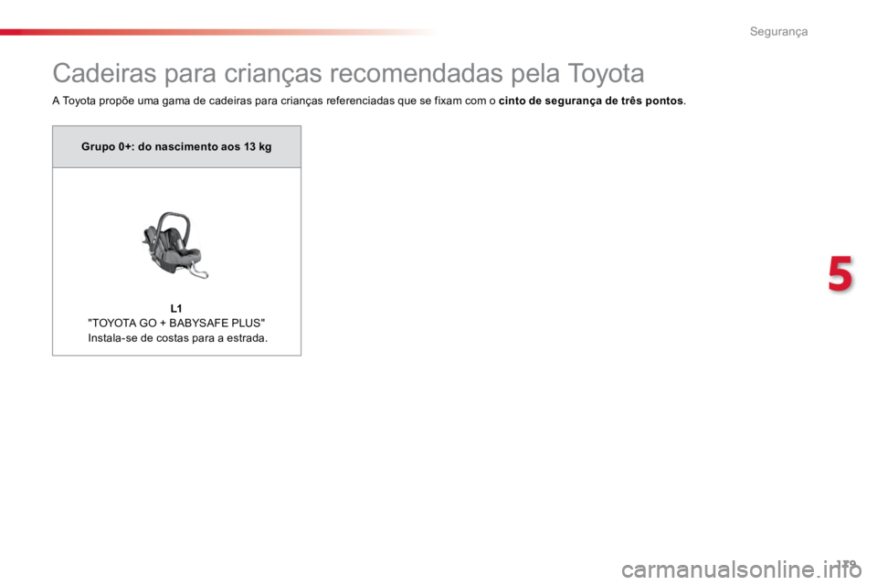 TOYOTA PROACE VERSO 2018  Manual de utilização (in Portuguese) 179
ProaceVerso_pt_Chap05_securite_ed01-2016
Cadeiras para crianças recomendadas pela Toyota
A Toyota propõe uma gama de cadeiras para crianças referenciadas que se fixam com o cinto de segurança 