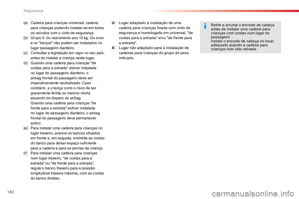 TOYOTA PROACE VERSO 2018 Manual de utilização (in Portuguese) 182
ProaceVerso_pt_Chap05_securite_ed01-2016
(a) Cadeira para crianças universal: cadeira
para crianças podendo instalar-se em todos
os veículos com o cinto de segurança
(b) Grupo 0: do nasci TOYOTA PROACE VERSO 2018 Manual de utilização (in Portuguese) 182
ProaceVerso_pt_Chap05_securite_ed01-2016
(a) Cadeira para crianças universal: cadeira
para crianças podendo instalar-se em todos
os veículos com o cinto de segurança
(b) Grupo 0: do nasci