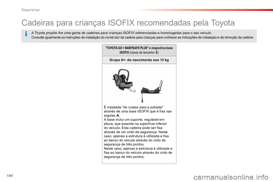 TOYOTA PROACE VERSO 2018  Manual de utilização (in Portuguese) 184
ProaceVerso_pt_Chap05_securite_ed01-2016
Cadeiras para crianças ISOFIX recomendadas pela Toyota
A Toyota propõe-lhe uma gama de cadeiras para crianças ISOFIX referenciadas e homologadas para o 