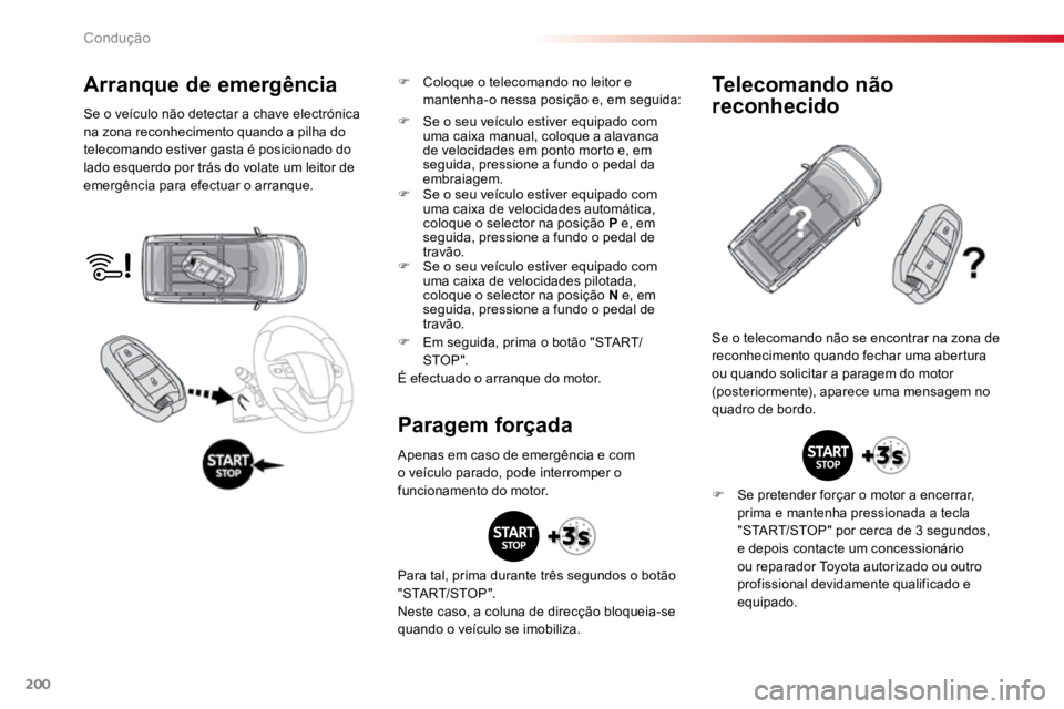 TOYOTA PROACE VERSO 2018  Manual de utilização (in Portuguese) 200
ProaceVerso_pt_Chap06_conduite_ed01-2016
Arranque de emergência
Se o veículo não detectar a chave electrónica 
na zona reconhecimento quando a pilha do 
telecomando estiver gasta é posicionad