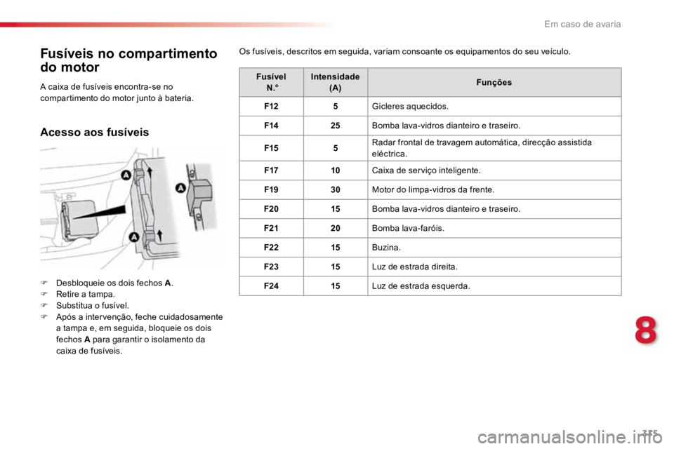 TOYOTA PROACE VERSO 2018  Manual de utilização (in Portuguese) 315
ProaceVerso_pt_Chap08_En-cas-de-panne_ed01-2016
Fusíveis no compartimento 
do motor
F Desbloqueie os dois fechos A .
F  Retire a tampa.
F  Substitua o fusível.
F  Após a intervenção, feche cu