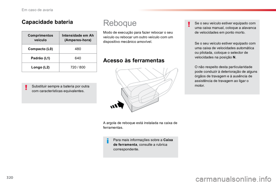 TOYOTA PROACE VERSO 2018  Manual de utilização (in Portuguese) 320
ProaceVerso_pt_Chap08_En-cas-de-panne_ed01-2016
Capacidade bateria
Comprimentos veículo Intensidade
 em Ah 
(Amperes-hora)
Compacto (L0) 480
Padrão (L1) 640
Longo (L2) 720 / 800
Substituir sempr