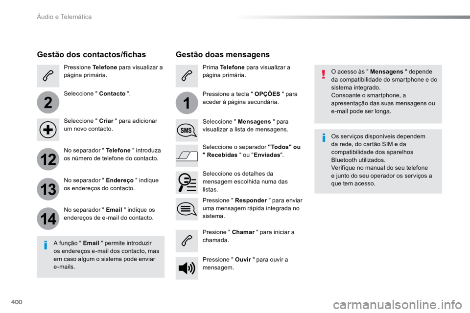 TOYOTA PROACE VERSO 2018  Manual de utilização (in Portuguese) 400
2
12
13
14
1
ProaceVerso_pt_Chap10b_NAC-1_ed01-2016
O acesso às " Mensagens " depende 
da compatibilidade do smartphone e do 
sistema integrado.
Consoante o smartphone, a 
apresentação 
