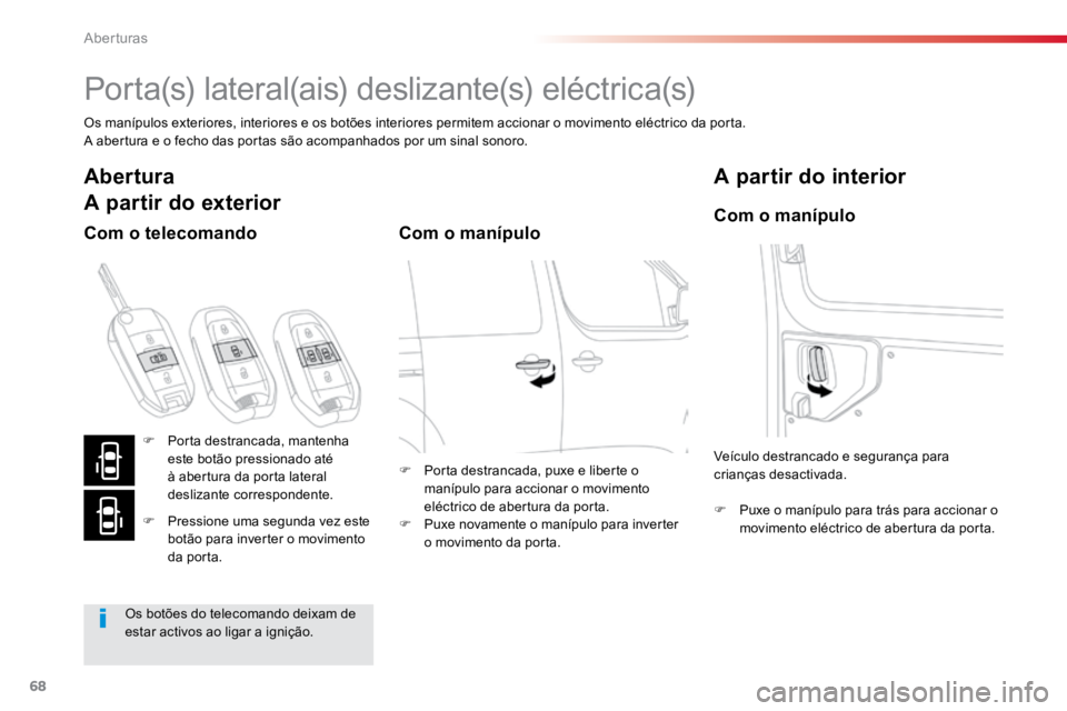 TOYOTA PROACE VERSO 2018  Manual de utilização (in Portuguese) 68
ProaceVerso_pt_Chap02_ouvertures_ed01-2016
Po r t a (s)  l a t e r a l (a i s)  d e s l i z a nt e (s)  e l é c t r i c a (s)
Os manípulos exteriores, interiores e os botões interiores permitem 