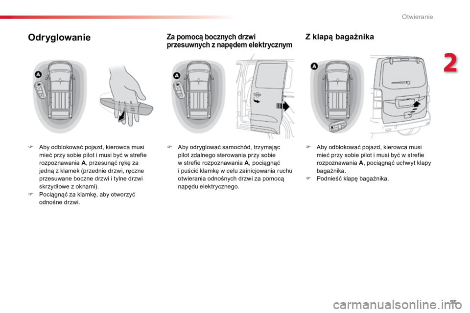 TOYOTA PROACE VERSO 2018  Instrukcja obsługi (in Polish) 55
ProaceVerso_pl_Chap02_ouvertures_ed01-2016
Odryglowanie
F	 Aby	odblokować	pojazd,	kierowca	musi	mieć	przy	sobie	pilot	i	musi	być	w	strefie	
rozpoznawania 	A ,	przesunąć	rękę	za	
jedną	z	kla