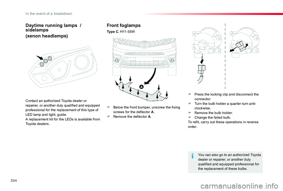 TOYOTA PROACE VERSO 2019  Owners Manual 304
Front foglamps
Ty p e  C, H11-55W
F Press the locking clip and disconnect the connector.F Turn the bulb holder a quarter turn anti-clockwise.F Remove the bulb holder.F Change the failed bulb.To re